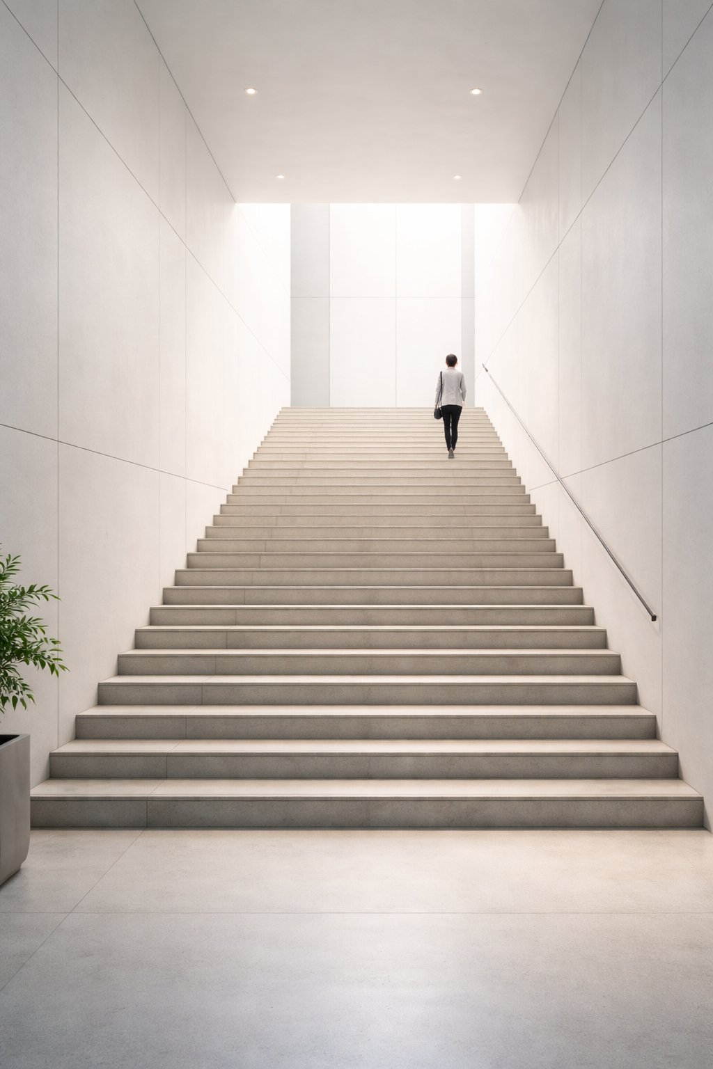 Frau geht eine breite, moderne Treppe hinauf - Symbolbild fuer beruflichen Aufstieg und Unternehmertum